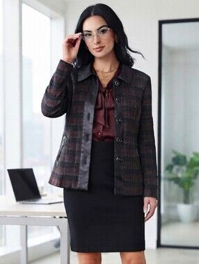 Grenier Plaid Blazer with Faux Leather Size 9 Office Siren / Dark Academia Style